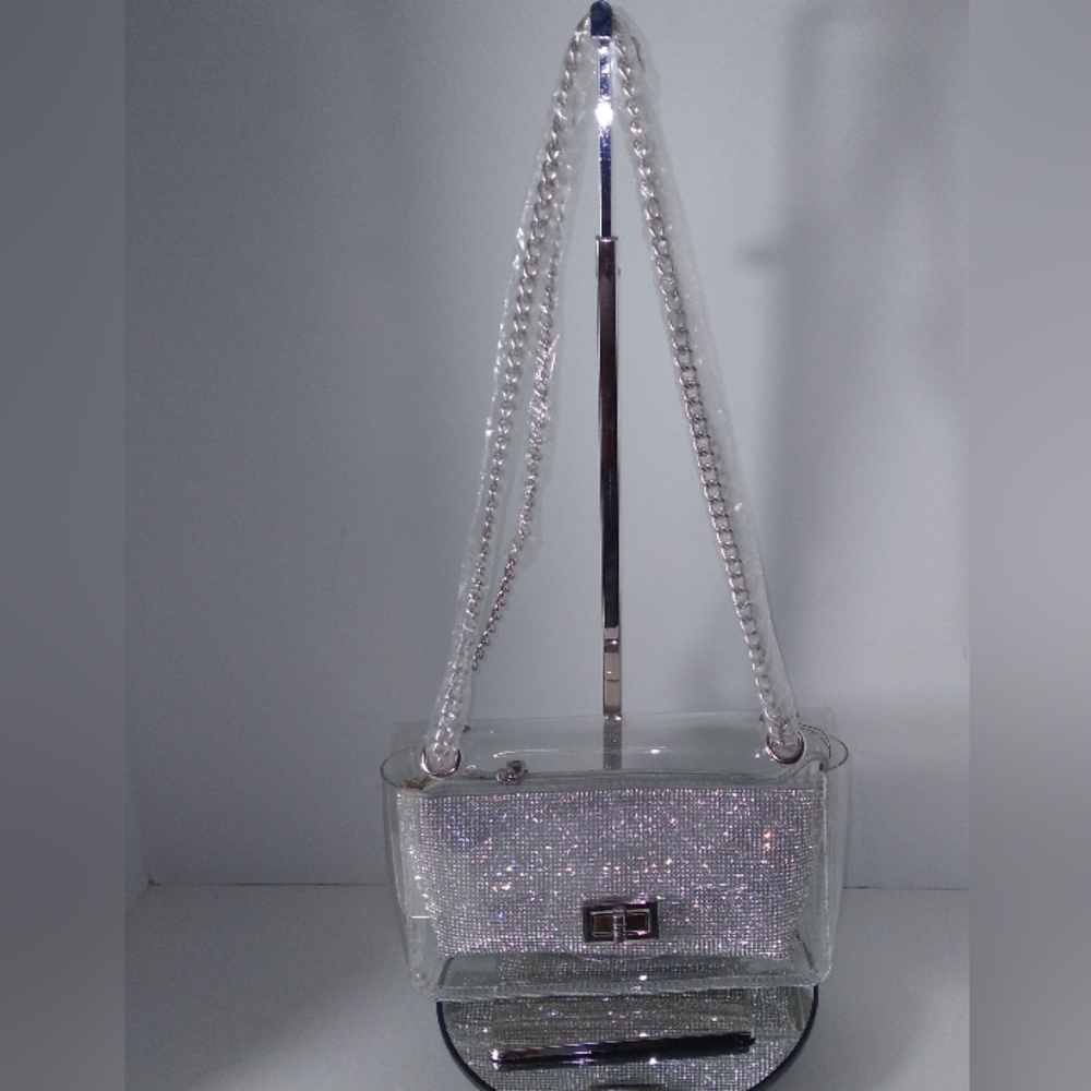 Elegant Clear/Silver Crystal-Embellished Removable Pouch  Bag
